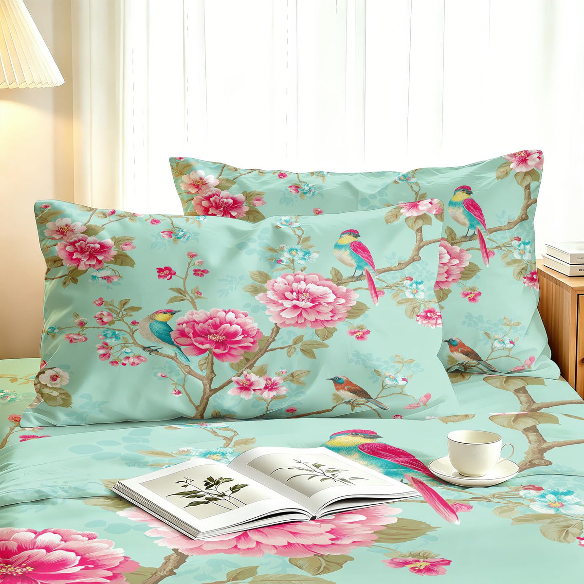 Bird and Peony Bedding Set 4 Pcs Chinoiserie Full Sheets