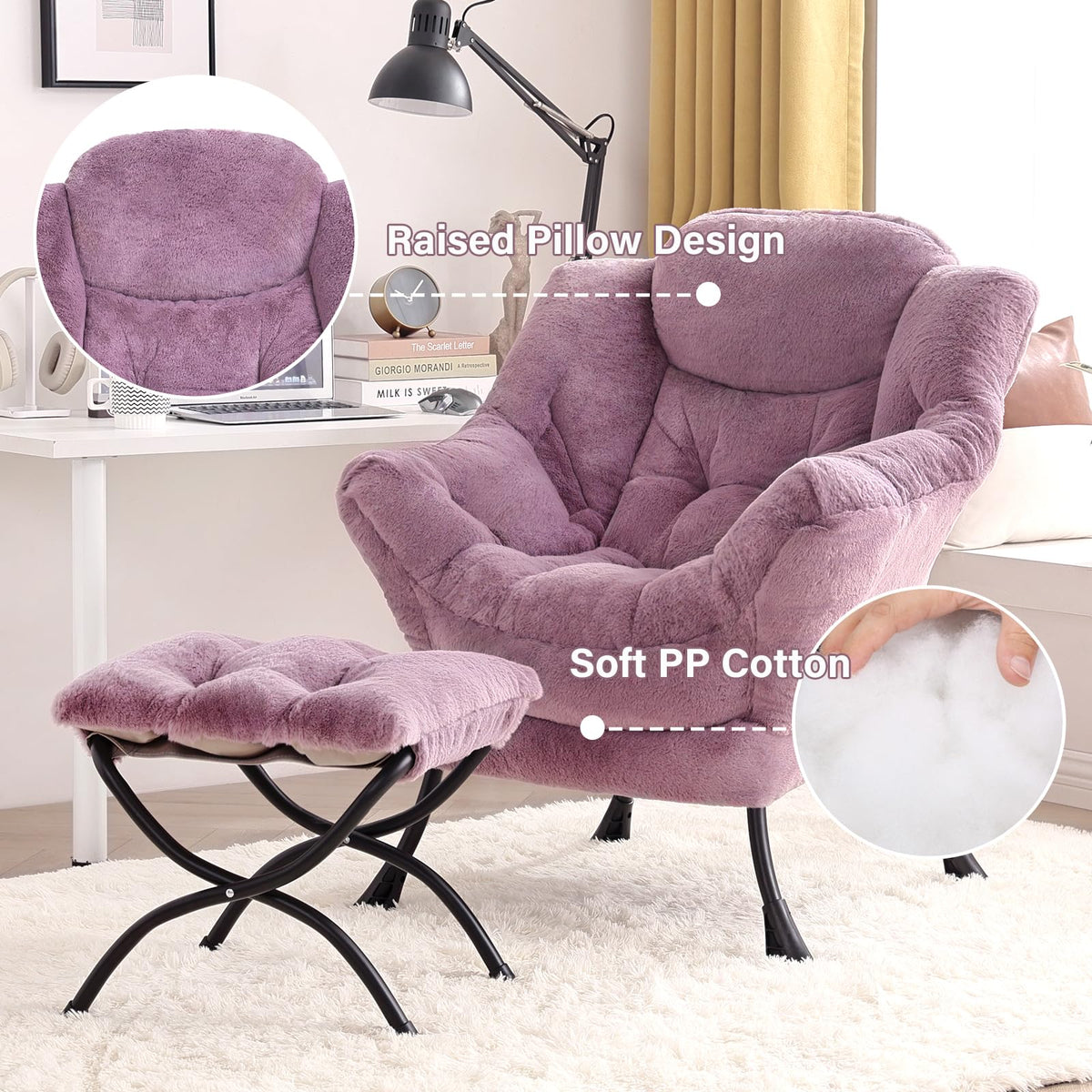 Tiita Lazy Chair with Ottoman, Purple Modern Large Accent Chair, Comfy Leisure Sofa Armchair with Ottoman, Reading Chair with Footrest for Bedroom, Living Room, Dorm Rooms, Plush Purple