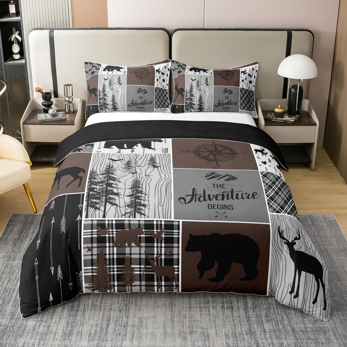 Erosebridal Hunting Deer Bear 100% Cotton Duvet Cover Retro Rustic Farmhouse Comforter Cover Queen Size for Kids Woodland Animal Bedding Set Wildlife Lodge Decor Bedclothes for Boys Teens Adult Room