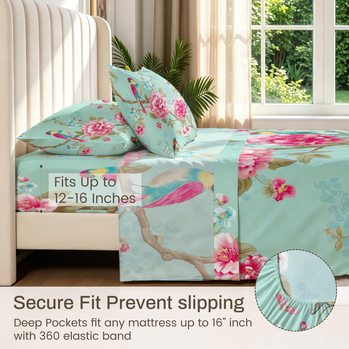 Bird and Peony Bedding Set 4 Pcs Chinoiserie King Sheets
