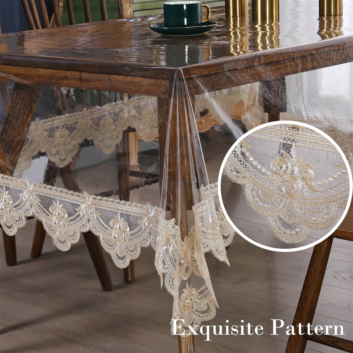 Rakila Clear Plastic Rectangle Tablecloth Vinyl Waterproof Table Cloth Embroidered Lace Edge Transparent Table Cover for Dining Kitchen Outdoor(60 x 98 inch, Coffee Style 2)