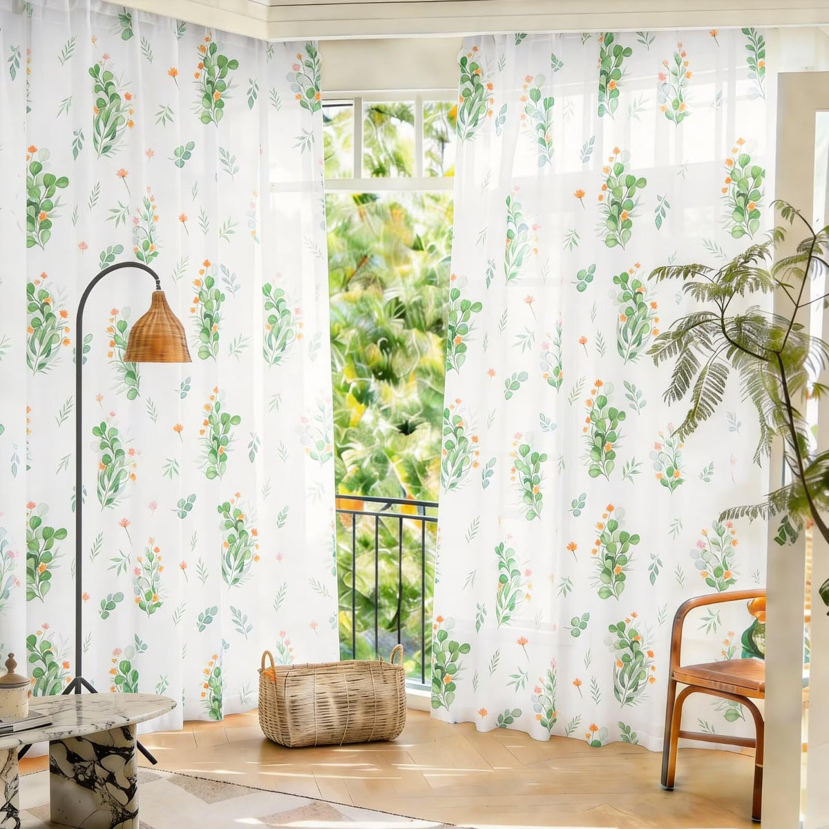 youleyar Floral Sheer Curtains for Living Room 84 Inches Long 2 Panels White Semi-Sheer Curtain with Green Floral Printed Pattern Summer/Spring Rod Pocket Voile Drapes for Bedroom, 52" W x 84" L