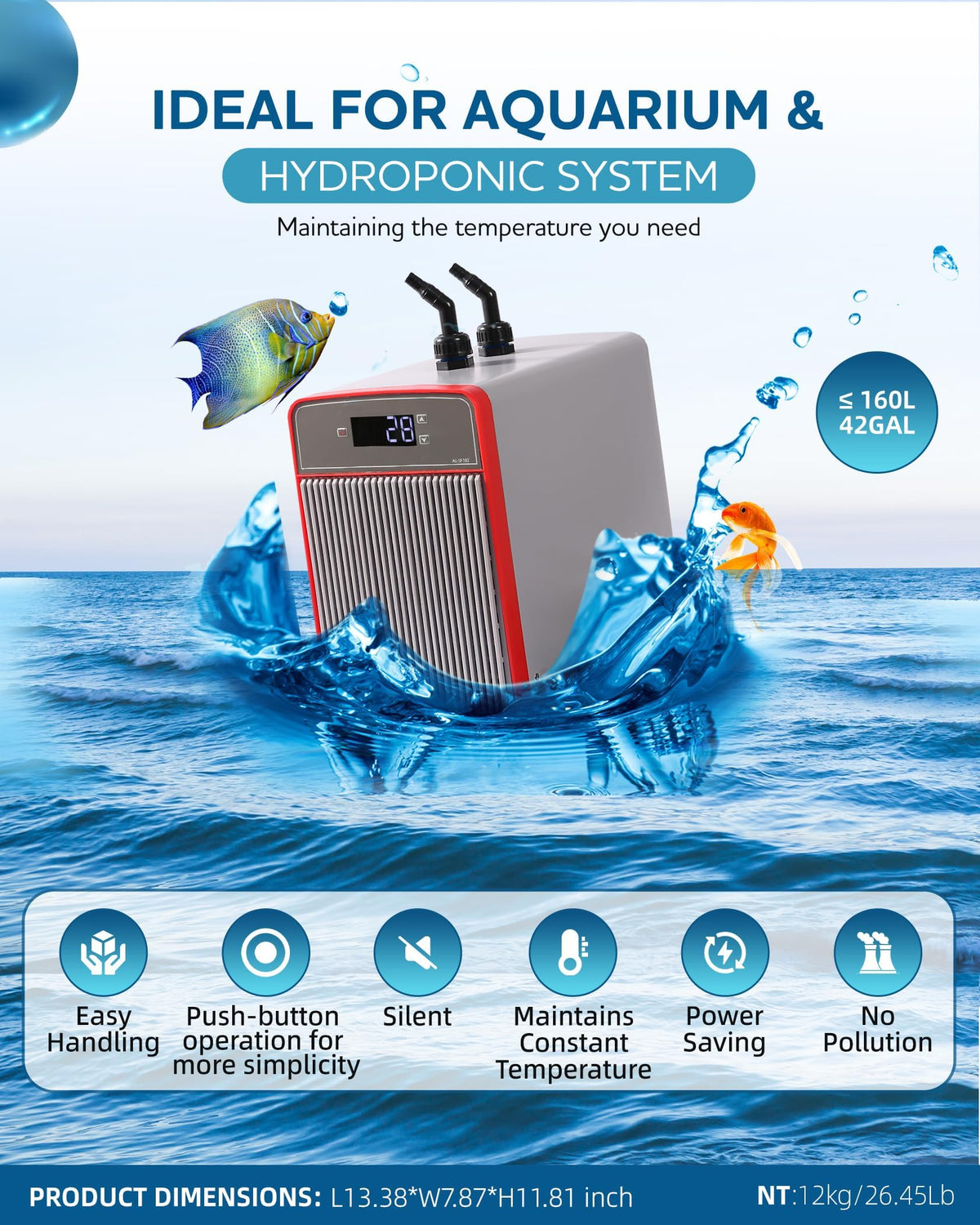 Erfolkerz 1/10 HP Aquarium Chiller– 42gal (160L). for Axolotls, Fish Tanks, hydroponics. Sea & Fresh Water Compatible. Includes Pump, nozzles & Hoops. Ideal for Coral & Shrimp 110V