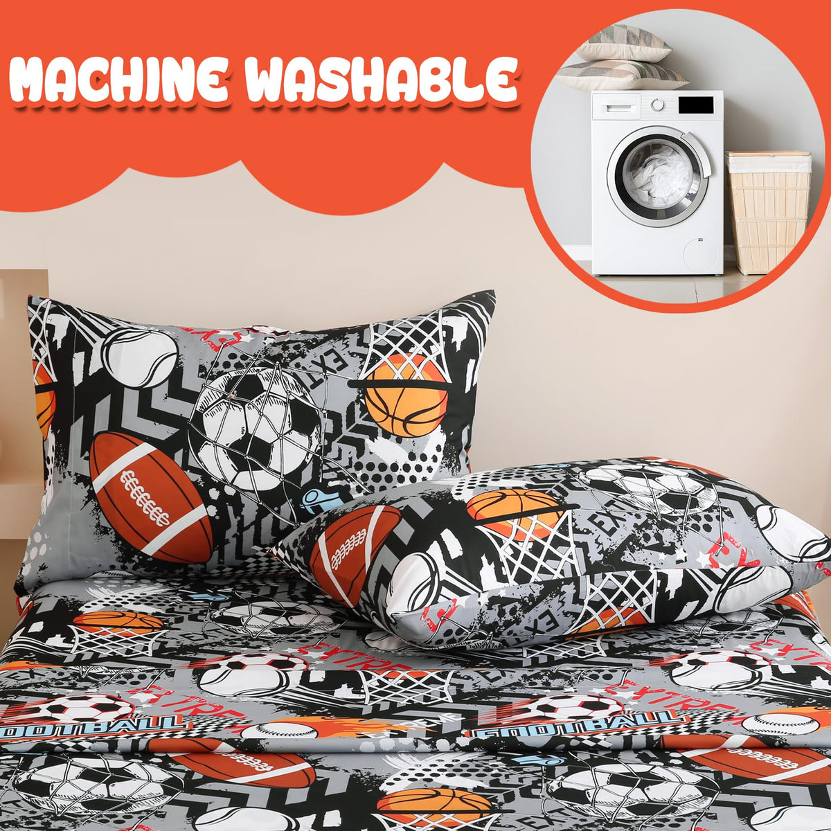 Yibeizi Grey Sports Sheet Set for Boys Full, Kids Football Basketball Baseball Print Bedsheets Microfiber Deep Pocket Cute Patterned Bed Sheet & Pillowcase Sets 4 Pieces