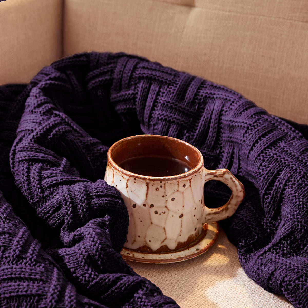 Aormenzy Soft Cozy Acrylic Throw Blanket, Cable Knit for Couch, Dark Purple (1.7lb)