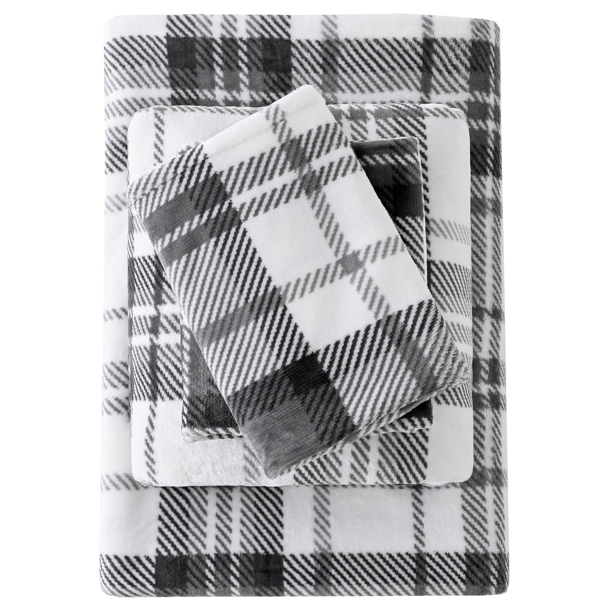 Viviland Plush Micro Polar Fleece Full Bed Sheet Set, Cozy Flannel-Like Velvet/Velour Fitted Sheets with 15" Deep Pocket, Fuzzy Warm Winter Double Sheets & Pillowcase Set, Gray and White Plaid