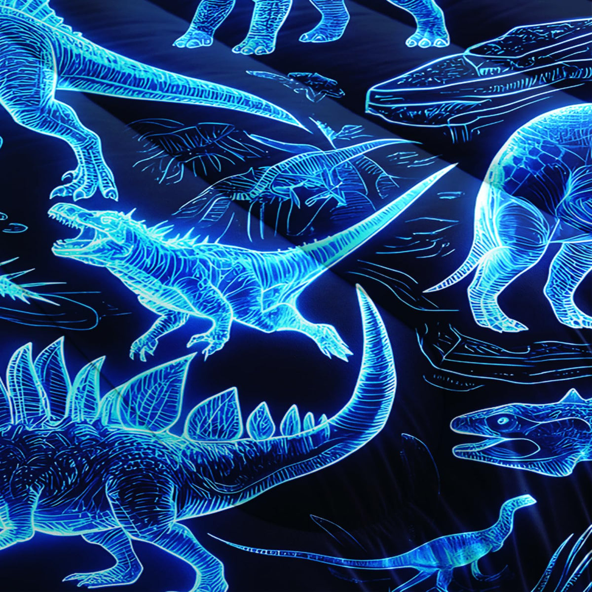 AILONEN Neon Blue Dinosaur Queen Comforter Set, 3D Holographic Skeleton Microfiber Quilt, All Season Fossil Adventure Bedding for Guestroom Home Styling, 1Quilt+2Pillowcases