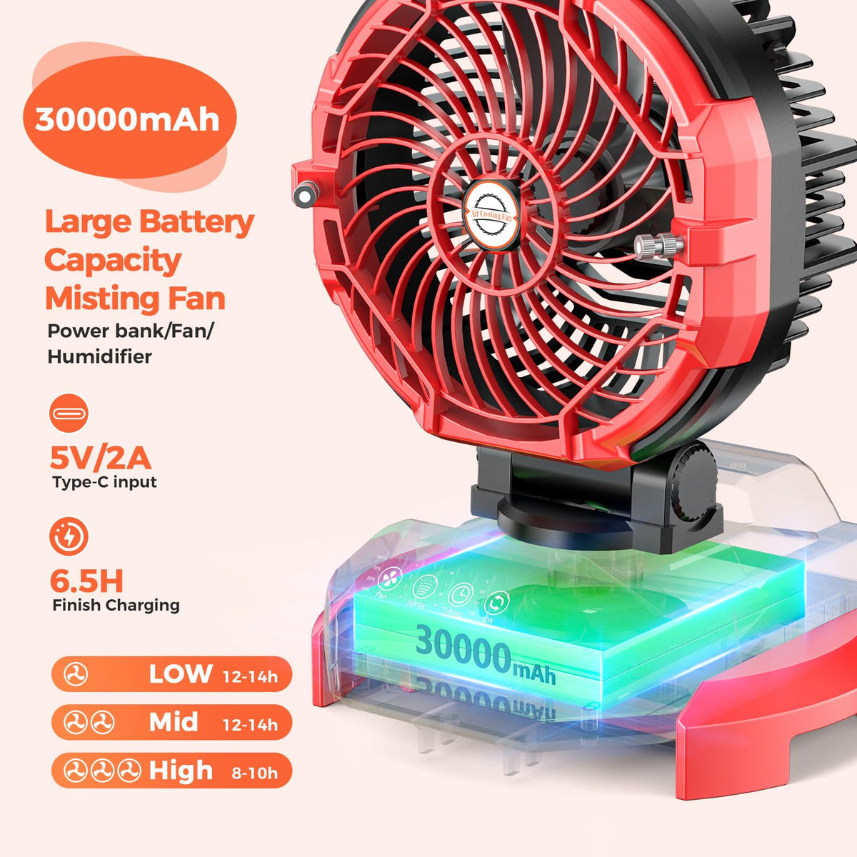 Portable Misting Fan, 30000mAh Rechargeable Battery Powered Floor Cooling Fan with 4 Strong Winds, 4 Spray Mister, Adjustable Base for 10-13in Bucket for Camping, Beach, Patio (No Bucket)- Red
