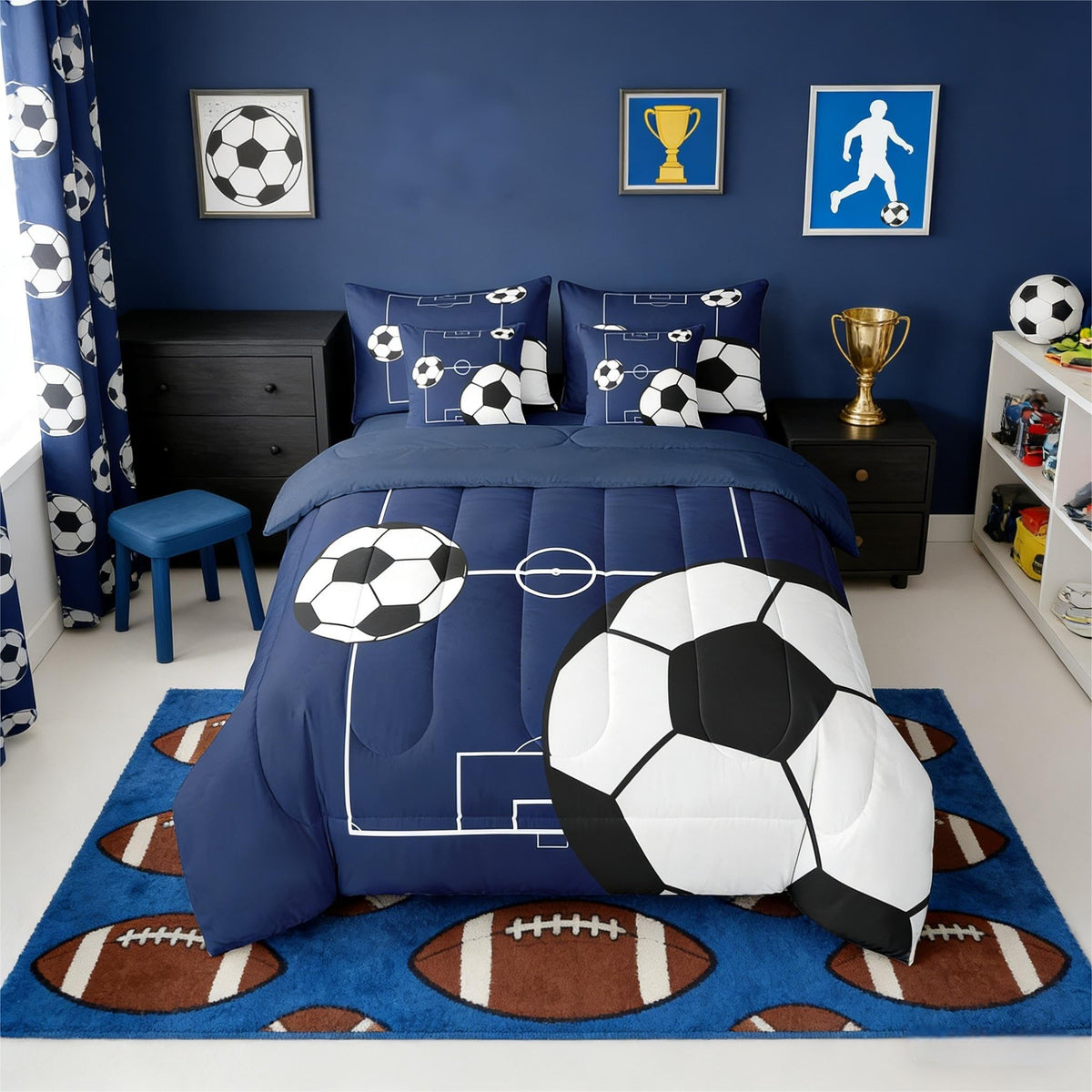 Erosebridal Football Bedding Set Full Size 7 Pieces Boys Sports Theme for Teens Soccer Ball Pattern Bed in a Bag Football Court Comforter Set with Sheets Playground Blue White for Kids Girls