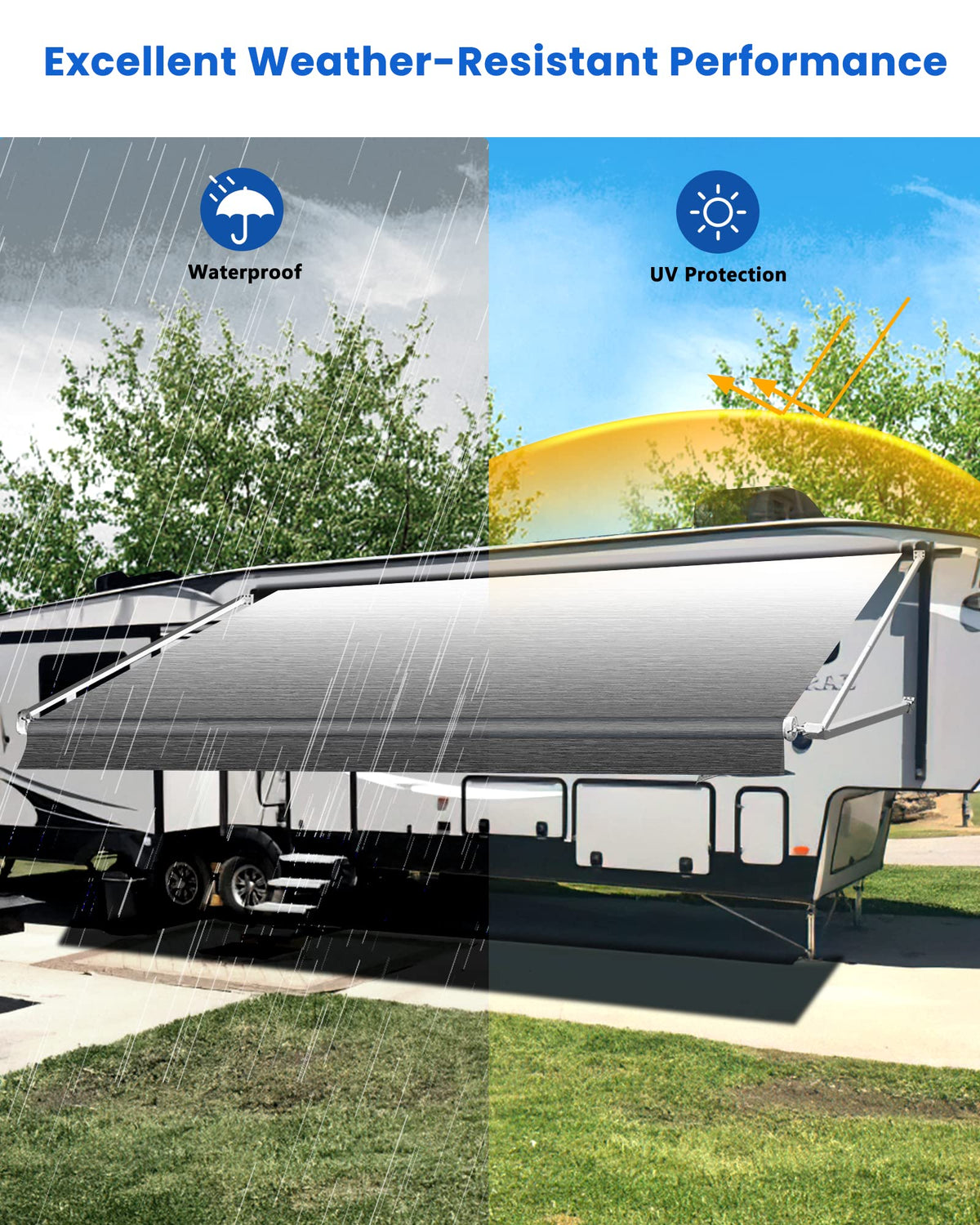 Xenjum RV Awning Fabric Replacement, 18.5oz Heavy-Duty Weatherproof Vinyl Camper Awning Replacement Universal Outdoor Canopy for RV, Motorhome, Trailer Awnings (Black Fade, 19'(Fabric 18'2"))