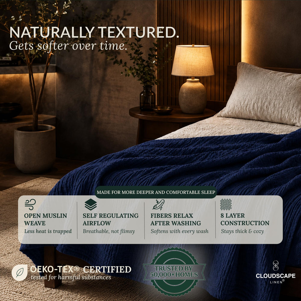 CLOUDSCAPE 8 Layer Muslin Blanket for Adults, 100% Cotton Queen Size Blankets for Bed, 92" x 92" Fits Upto Full Bed, Soft, Lightweight Breathable Summer Blanket Queen Size for All Season- Ensign Blue