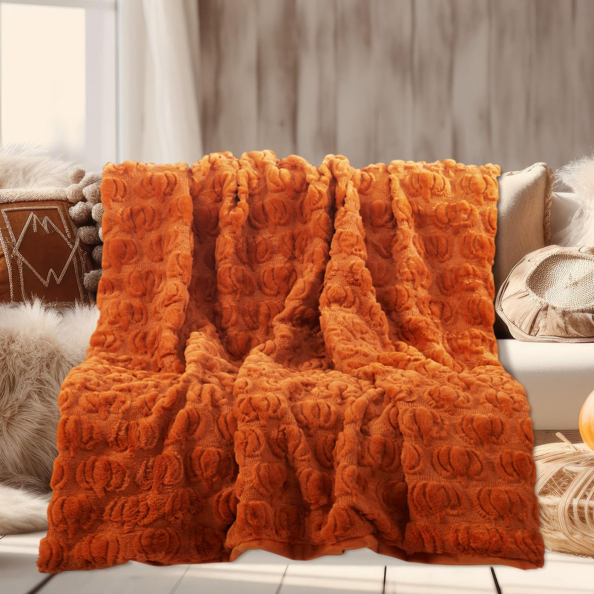 Tegeme Throw Blanket Throw Blanket 50" x 60" Dutch Velvet Faux Rabbit Fur Decorations Cozy Soft Lightweight Gift for Home Living Room Couch Sofa Bed(Rust)