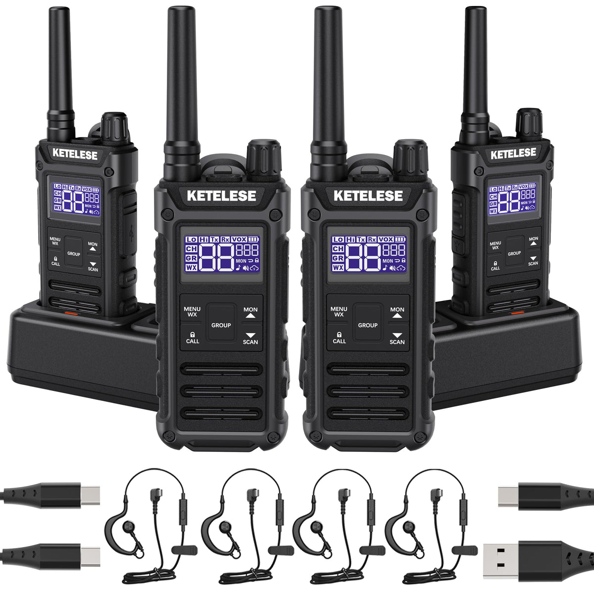 KETELESE T3G IP67 Waterproof Walkie Talkies Rechargeable, Heavy Duty 2 Way Radios with Earpiece and Mic, Dock, USB, NOAA Weather Alert, Group PTT (4 Pack), Black/Grey