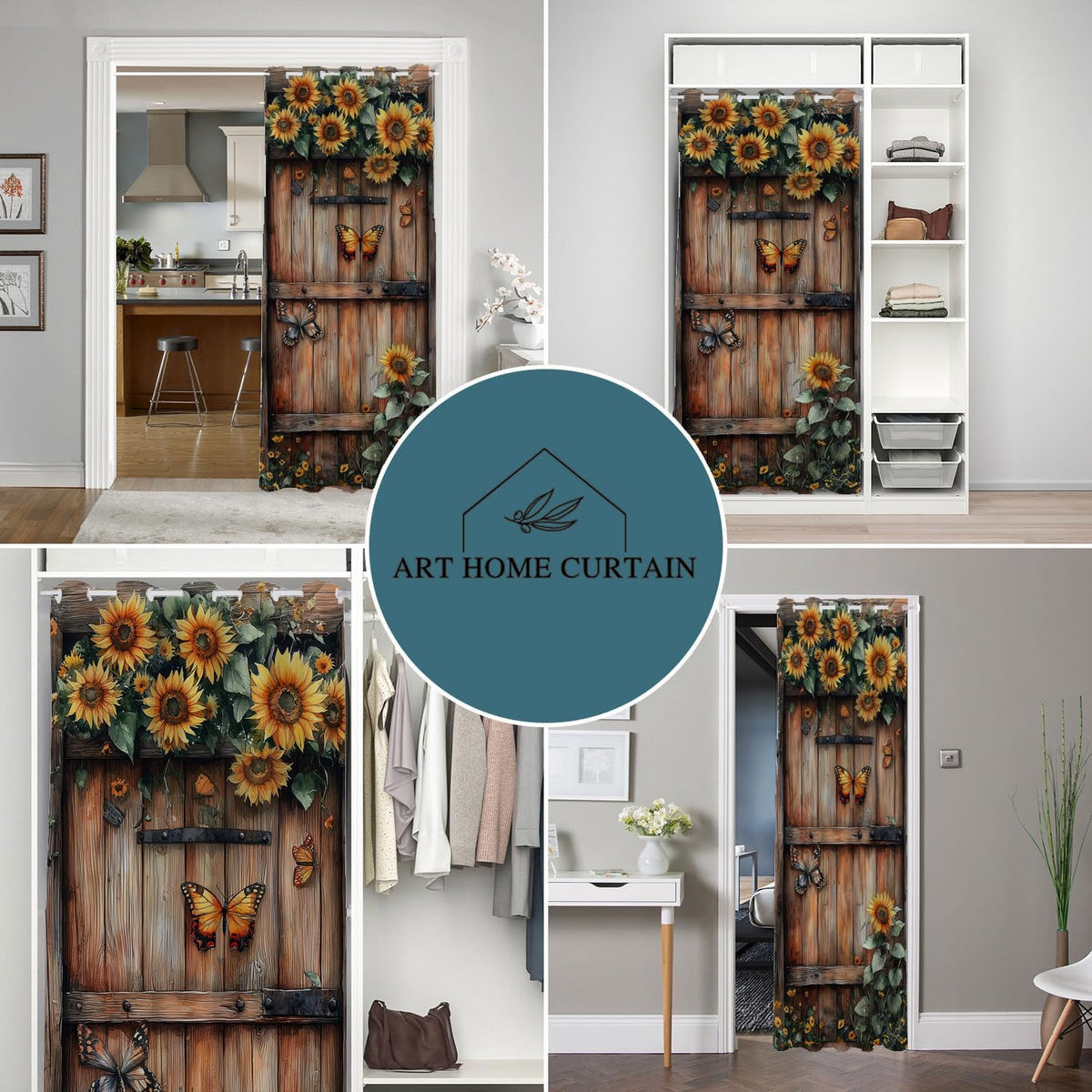 Shixiaoyan Wooden Barn Door Door Curtain for Doorway Privacy Sunflower Flowers Butterfly Country Closet Door Cover Curtain for Darkening Door Drape for Kid Teens Boys Teens, 1 Panel 34" W X 80" L