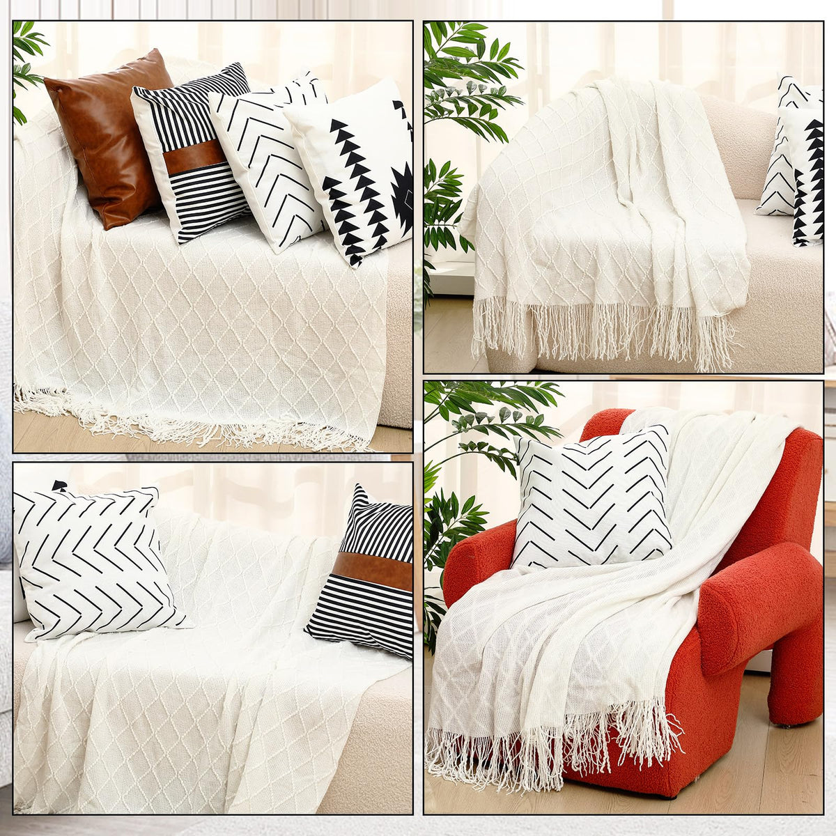 Mixweer Boho Throw Blanket and Pillow Cover Set, Beige Knitted Throw Blanket and Linen Pillow Cover Soft Sofa Couch Cushion for Home Farmhouse Sofa Bed Holiday Decoration