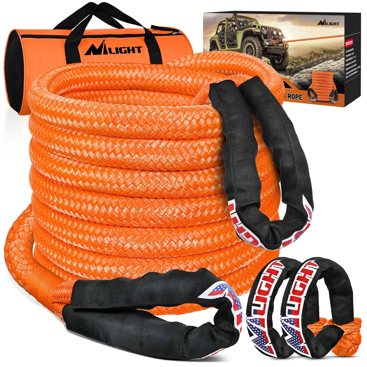 Nilight Kinetic Recovery Tow Rope 7/8" x 20ft (28,600LBS) with 2 Soft Shackle 1/2" x 24" Snatch Strap Heavy Duty Offroad Towing Strap kit for UTV ATV SUV Truck Car Jeep Tractor