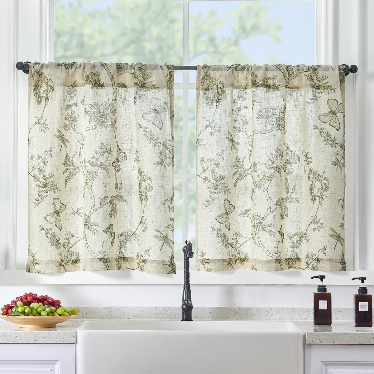 Lazzzy Linen Floral Kitchen Curtains 36 Inch Long, Green Farmhouse Kitchen Window Rustic Country Small Curtains Rod Pocket Tiers, Set of 2, Green on Beige