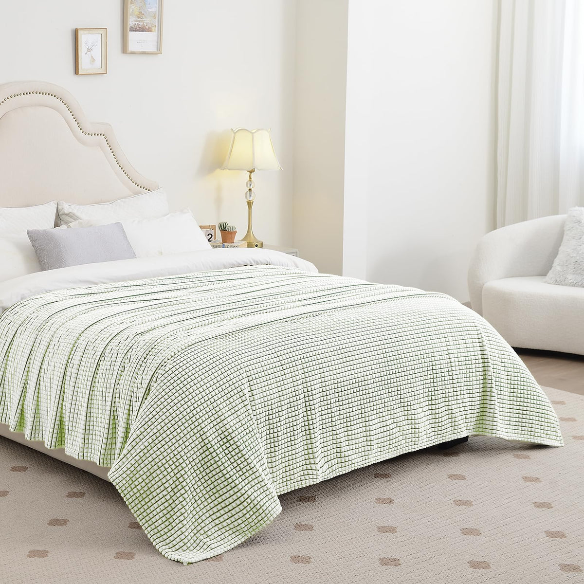 PLEASANT BOULEVARD | Fuzzy Throw Blanket Double-Sided Design Checkered Striped Waffe Lightweight Fleece Blankets for Bed and Couch Décor – Cozy, Soft, Cute for Women, Throw (50" x 60") Green