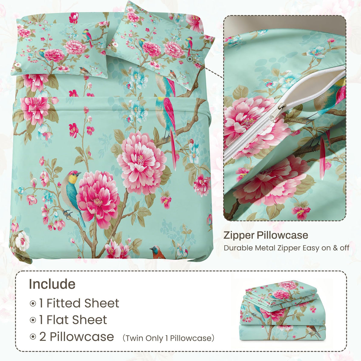 Bird and Peony Bedding Set 4 Pcs Chinoiserie King Sheets