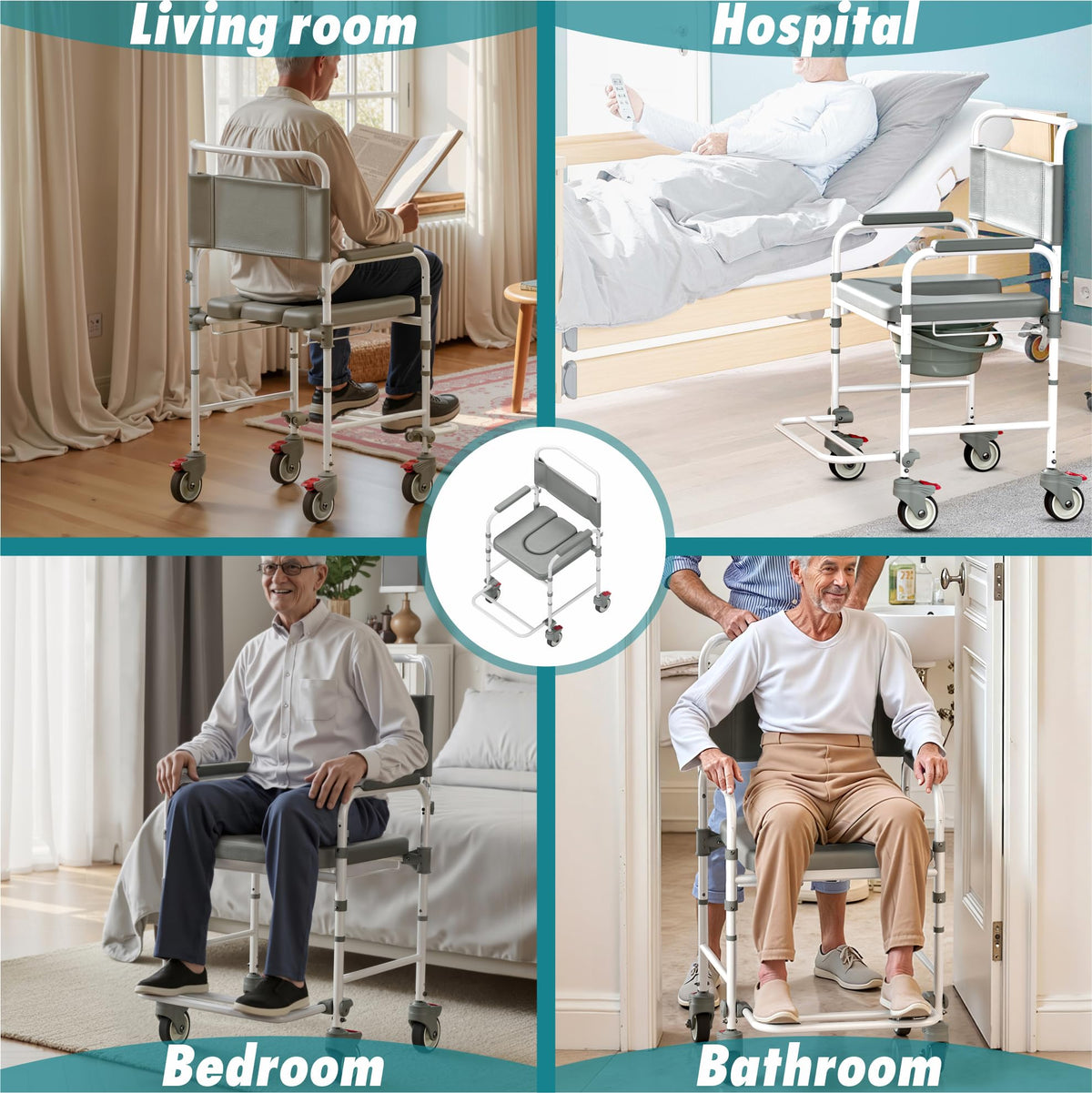 Littneo Bedside Commode with Wheels, Shower Wheelchair with 300 LBS Weight Capacity, Portable Toilet with Bucket for Elderly and Disabled