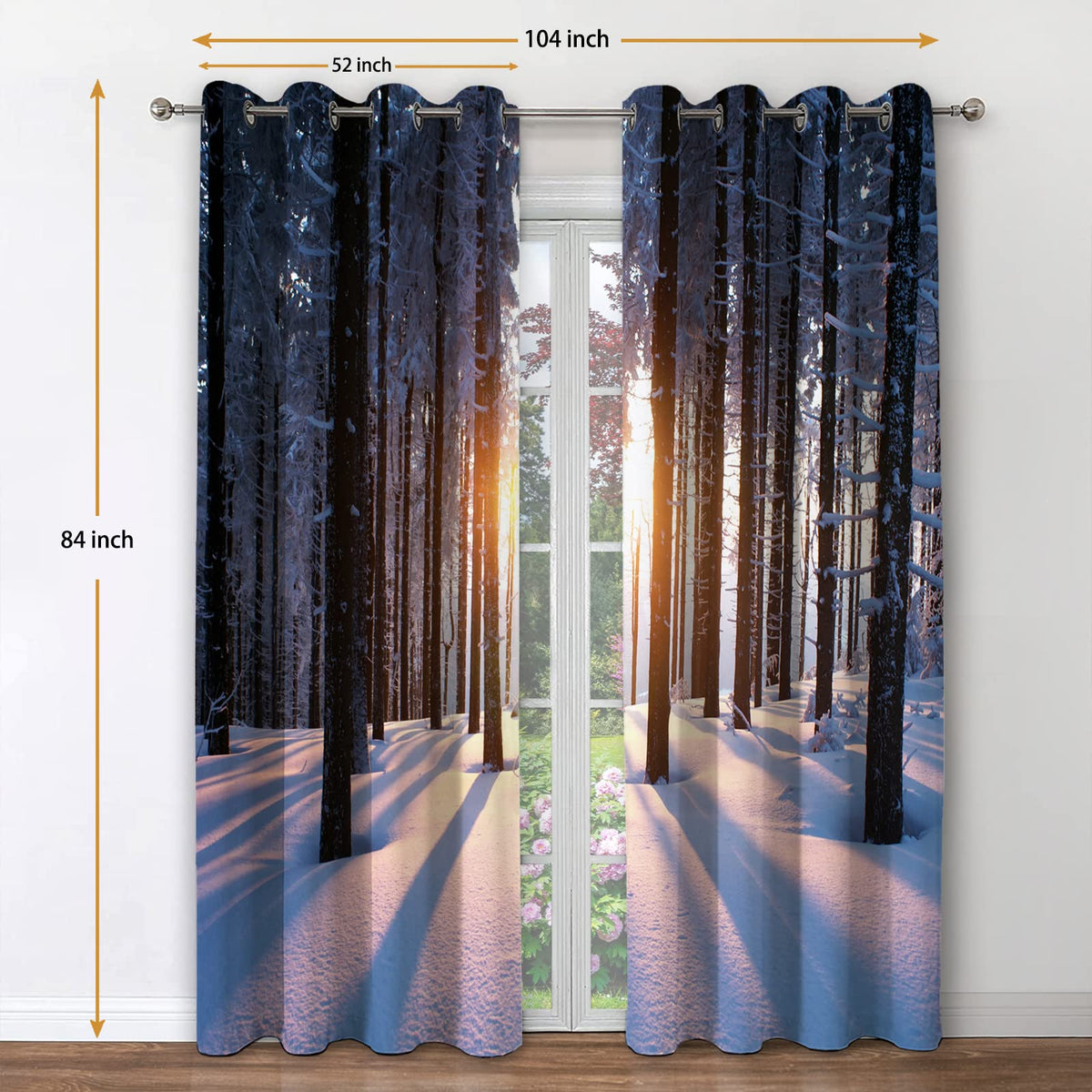 Jekeno Forest Woodland Blackout Curtains Winter Snowy Trees in The Cold Weather Sunset Landscape Nature Scenery Decor for Bedroom Living Room Grommet Window Drapes 2 Panel Set, 52"x84"