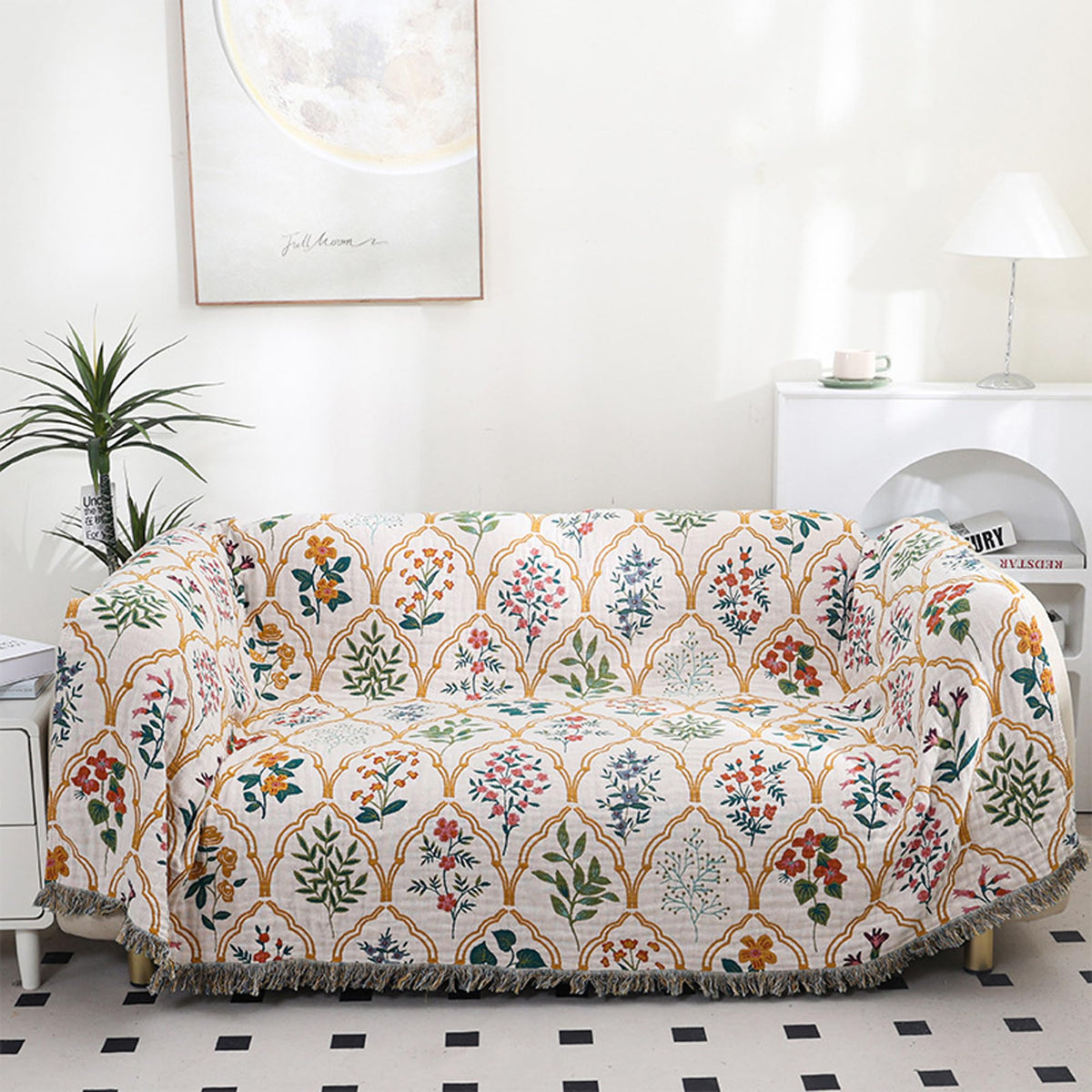 BRYALIX 100% Cotton Muslin Boho Floral and Plants Blanket, Super Soft Decorative Throw for Couch, Bed Chair Quilt Travel Blankets, Reversible Jacquard Coverlet, Lightweight Farmhouse Picnic, 60"x80"