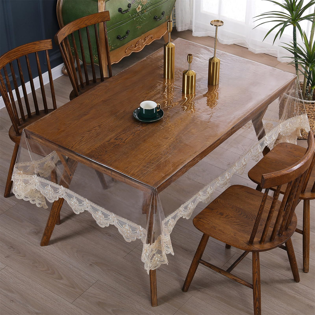 Rakila Clear Plastic Rectangle Tablecloth Vinyl Waterproof Table Cloth Embroidered Lace Edge Transparent Table Cover for Dining Kitchen Outdoor(60 x 86 inch, Coffee Style 2)