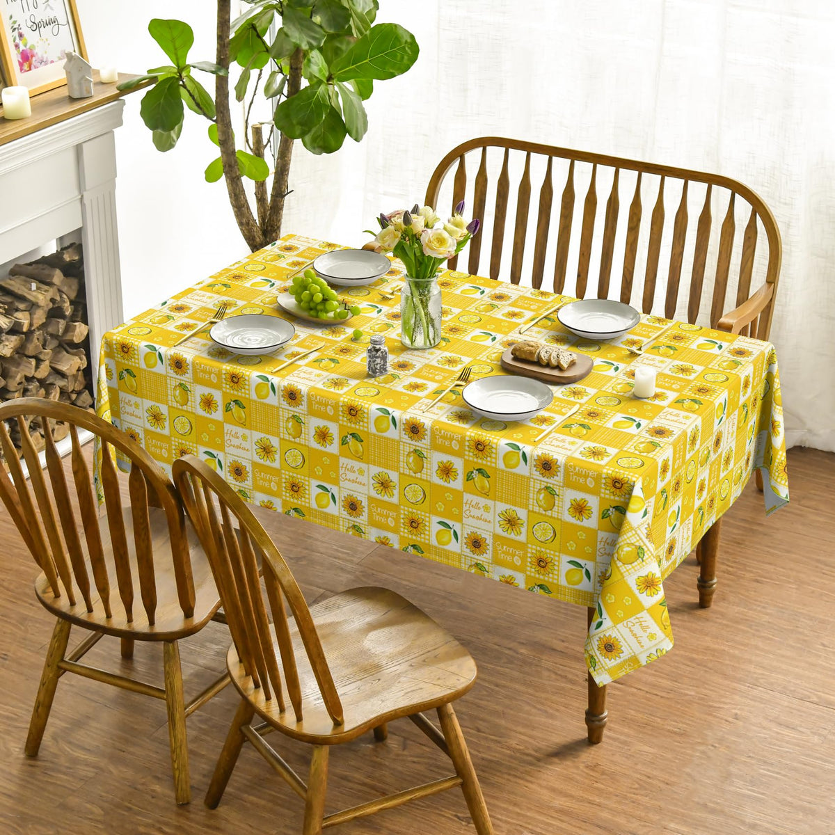 Horaldaily Summer Tablecloth 60×84 Inch Rectangular, Patchwork Bufflo Grid Yellow Lemon SunflowerWashable Table Cover for Party Picnic Dinner Decor