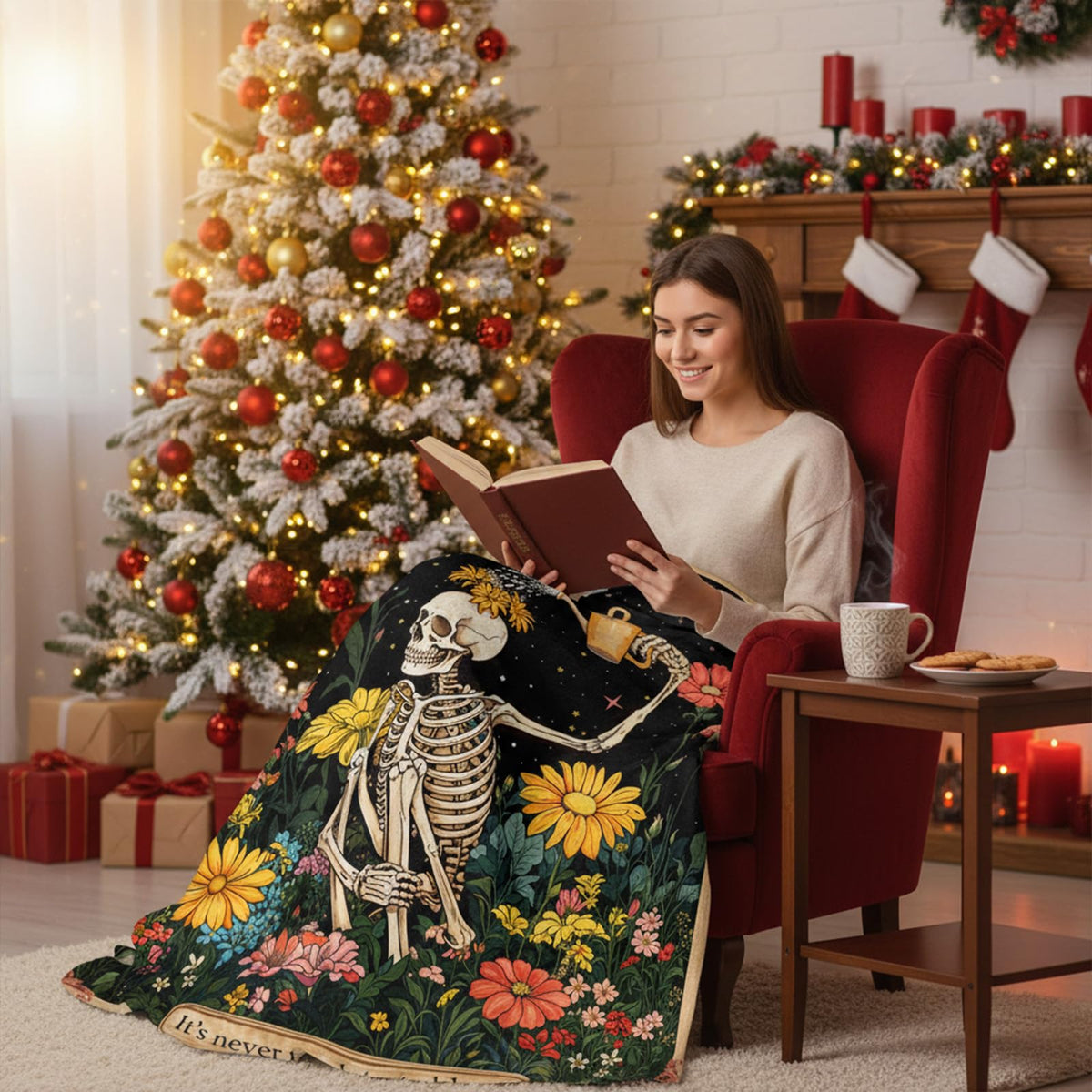 kampdream Life & Hope Flannel Blanket, Skeleton Watering Flowers, Super Soft & Warm Couch Sofa Living Room Optimistic Decor Ideal Gift for Family Friends 50×60 inch