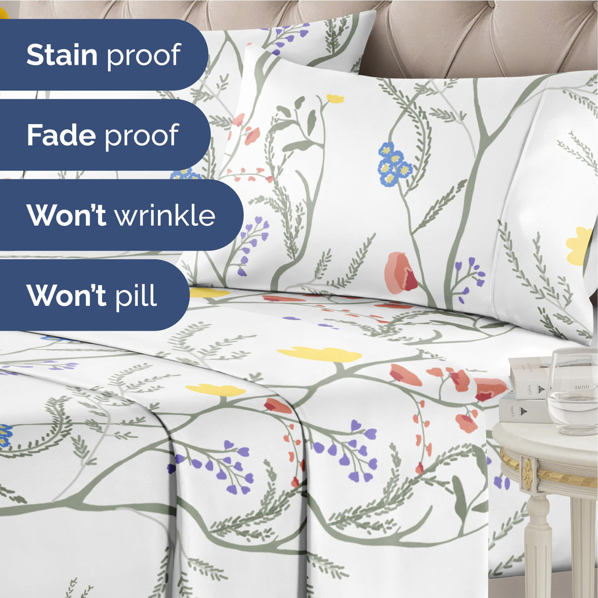 Floral Sheets - Boho King Bed Sheet Set - 1 Flat, 1 Fitted & 2 Pillowcases w/ Deep Pockets - Comfy, Wrinkle & Fade-Free - Boho Botanical Bedding - Ultra-Soft, Breathable and Cooling - King Size Set