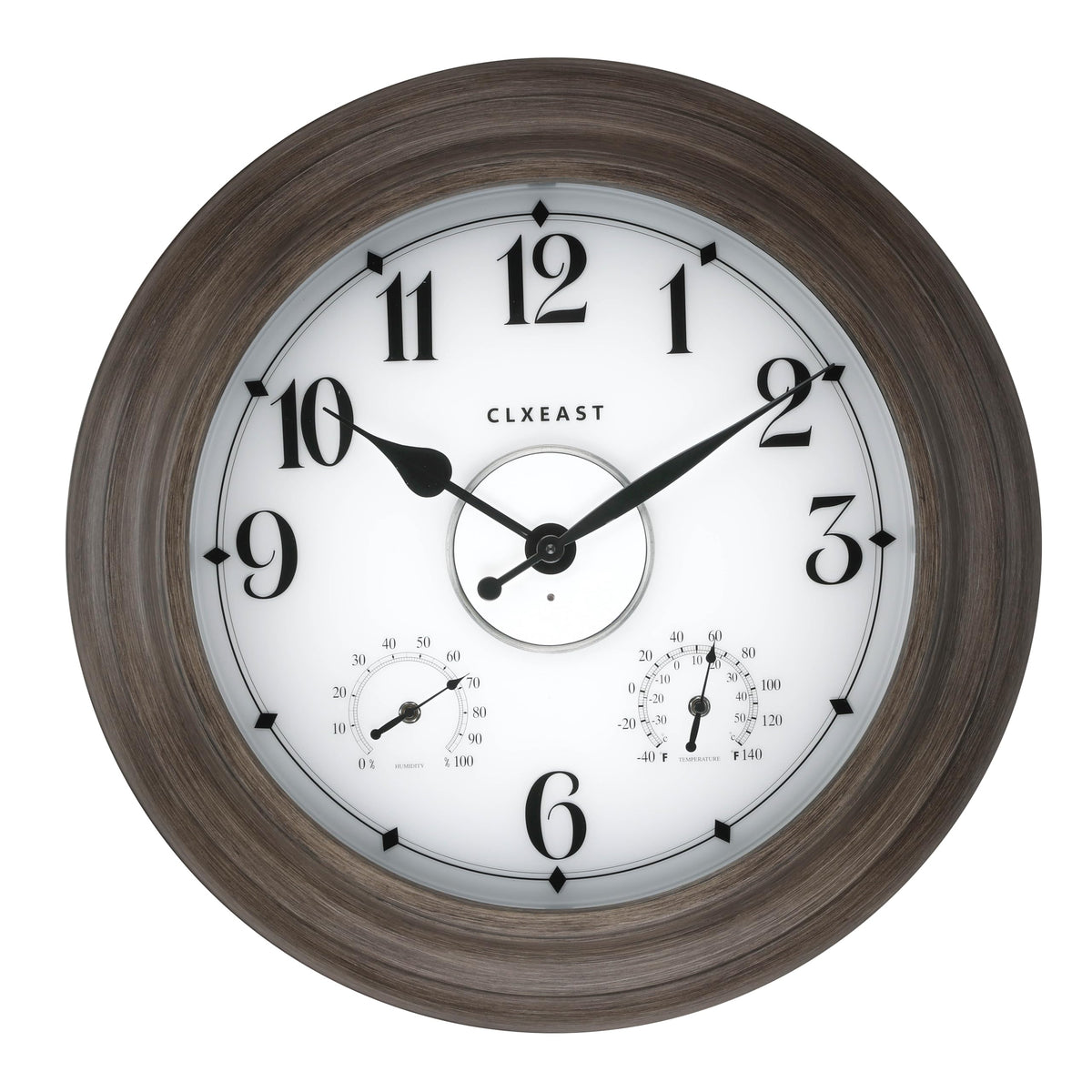CLXEAST 24 Inch LED Illuminated Outdoor Clocks Waterproof with Thermometer & Hygrometer, Large Lighted Metal Wall Clock with Smart Night Light Sensor,Grey Oak Finish,House Warming Gifts New Home