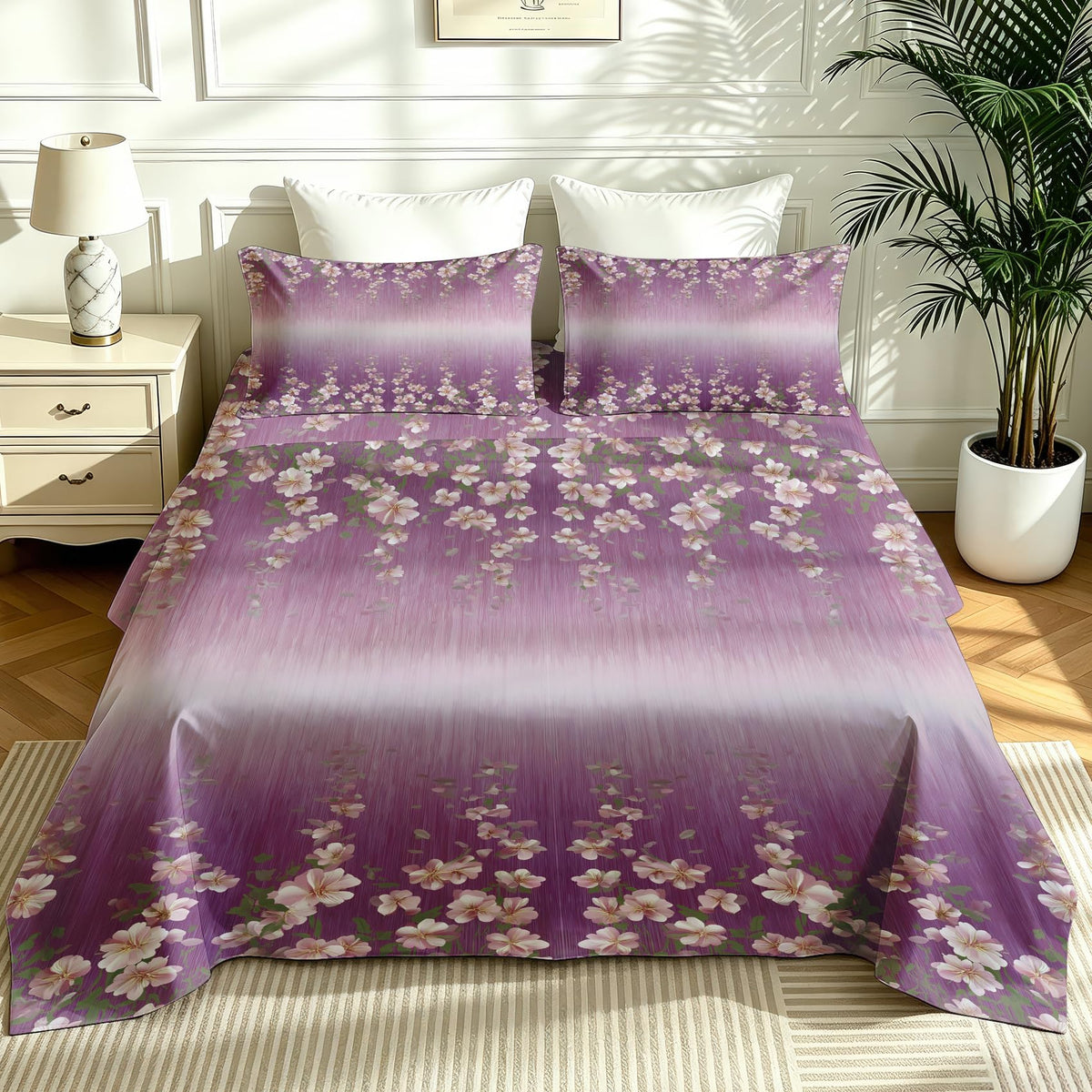 Girls Flower Full Sheet Set 4 Pcs Purple Gradient Bed Sheets