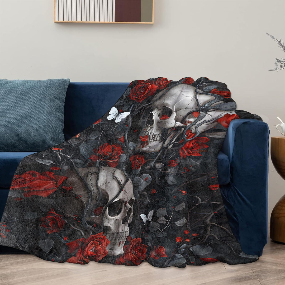 Skull Rose Gothic Blanket Gifts for Women Adults, Soft Warm Lightweight Flannel Throw Blankets for Camping Bedroom Living Room Home Sofa Travel Decor 50" x 60"