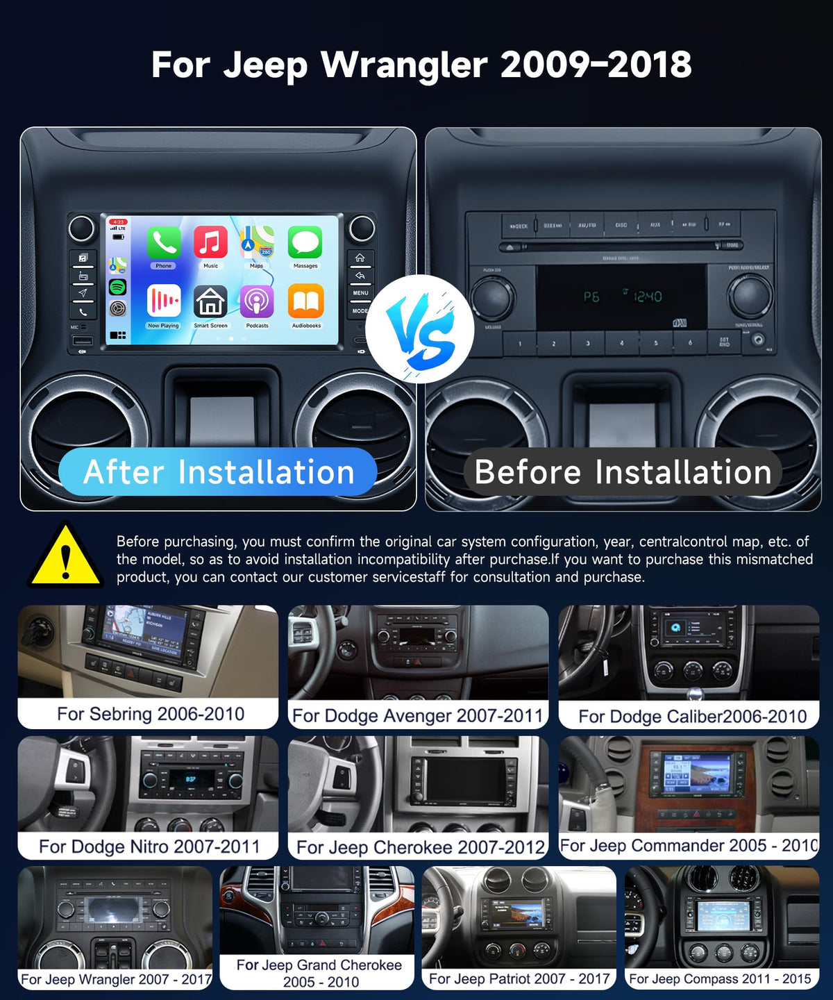 4+64G Car Stereo for Jeep Wrangler Compass Grand Cherokee Dodge Ram 1500 Chrysler Sebring 300C Wireless Carplay Android Auto,7" Touch Screen Radio, Android/GPS/WiFi/EQ DSP/UI/BT5.0/SWC/Backup Camera