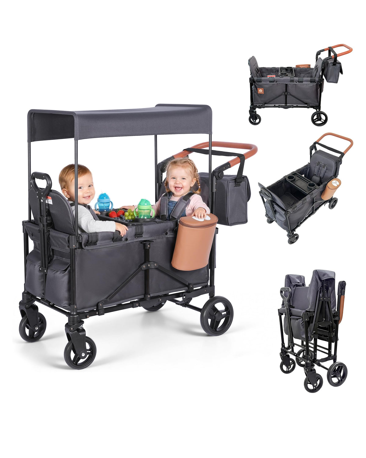 BudGlowey 2-in-1 Wagon Stroller for 2 Kids – Adjustable Push & Pull Handle All‑Terrain Wagon with Canopy, 5‑Point Harnesses, sanck Tray 2-in-1 Storage Bag, Lightweight, Compact – Grey