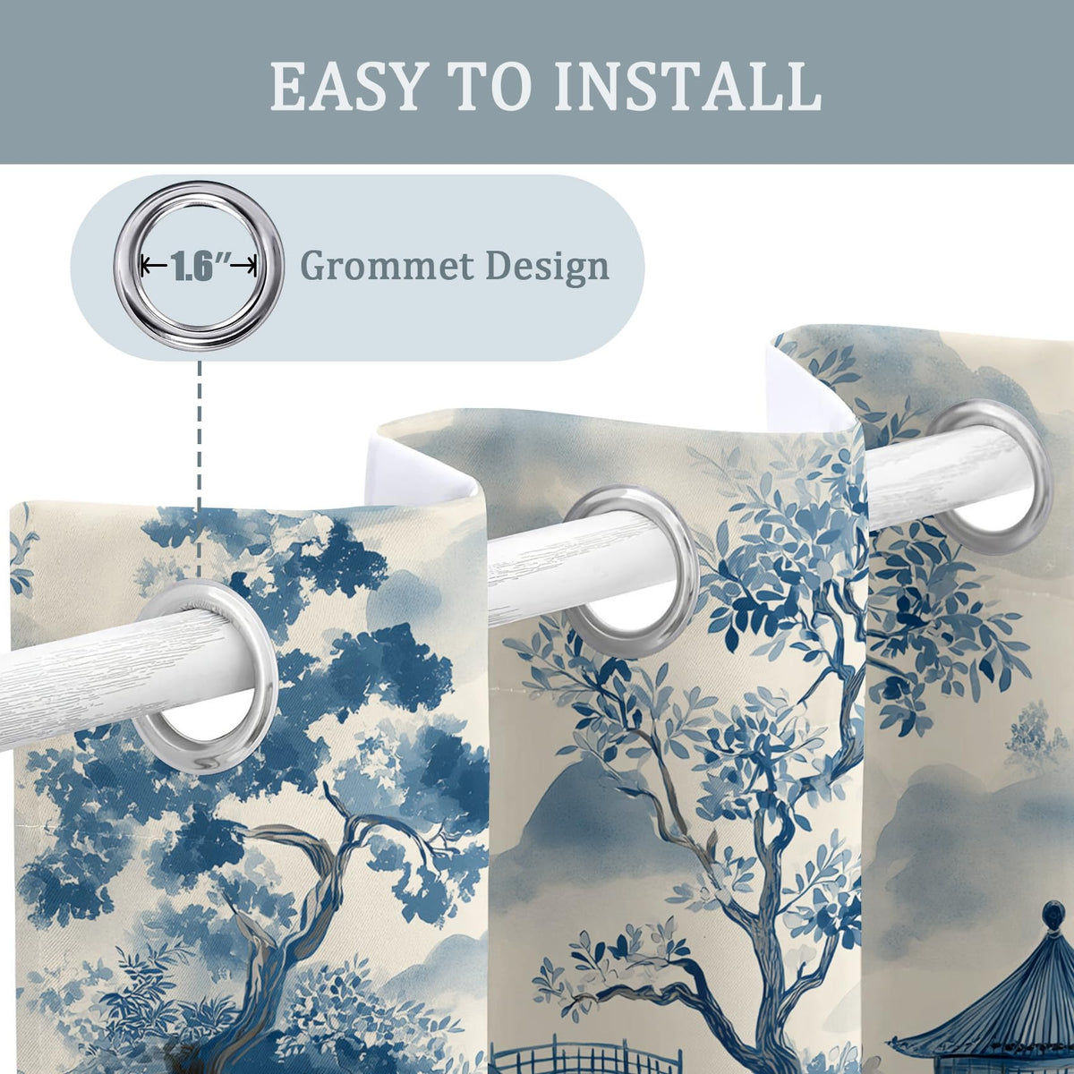Chinese Asian Curtains for Bedroom Kitchen, 39 Inch 2 Panels, Chinoiserie Landscape Printed Pattern, 95% Blackout Window Drapes for Living Room, Chinese Home Decor, Grommet Top GR41