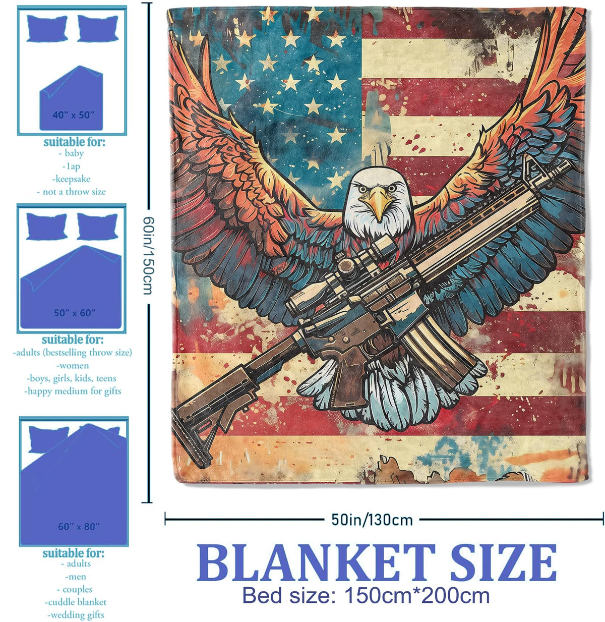 Plistiz Eagle & Rifle Veteran Throw Blanket 50"x60", American Flag Patriotic Army Theme Blankets for Living Room Couch, Home Decor, Soft Flannel Eagle Veteran Gifts for Adults and Men