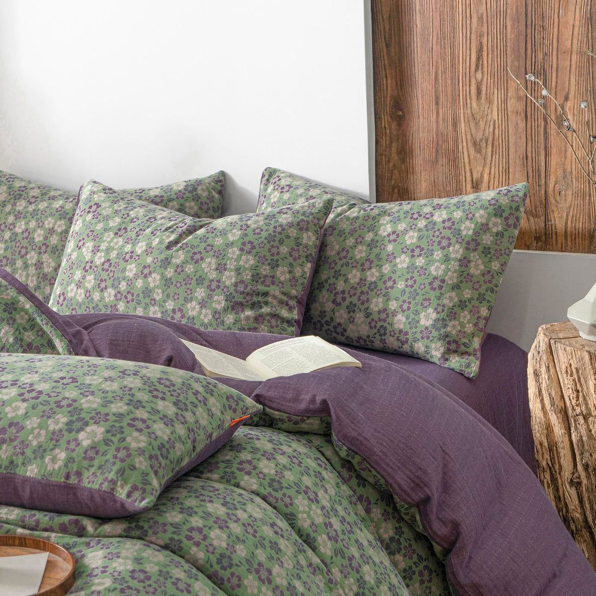 VM VOUGEMARKET Green & Purple Floral Jacquard Duvet Cover Set Queen,Breathable Double Layer Gauze Farmhouse Style Bedding Set for Home