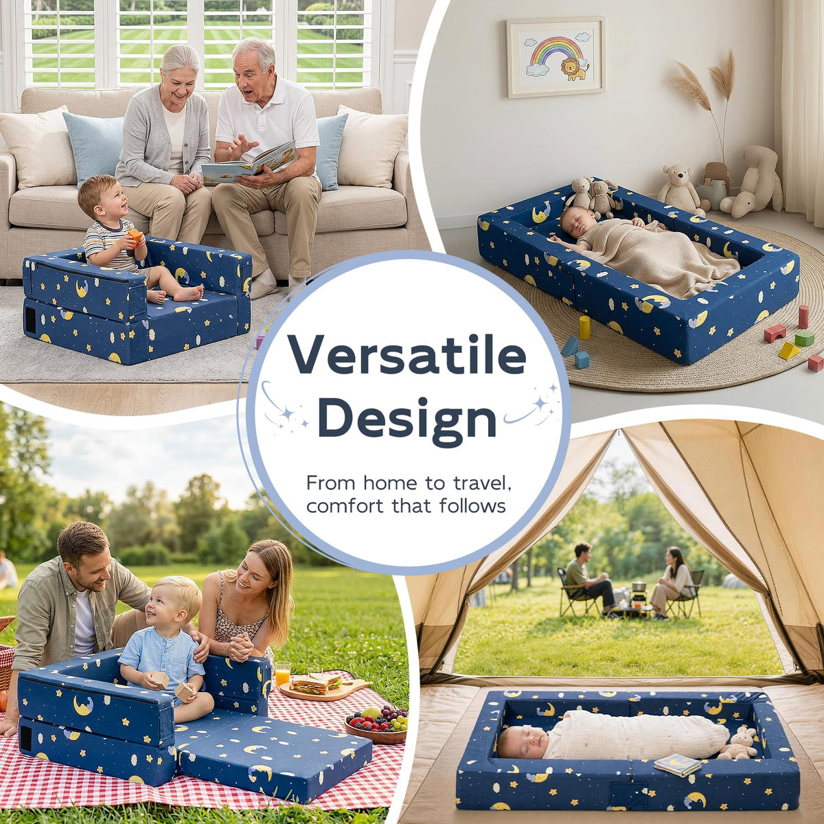 FRUITEAM Portable 3-in-1 Toddler Travel Bed, Soft Fabric & High-Density Foam, Easy-Clean Machine Washable Cover with Moon Star Cloud Print for Camping & Indoor/Outdoor Use - Blue