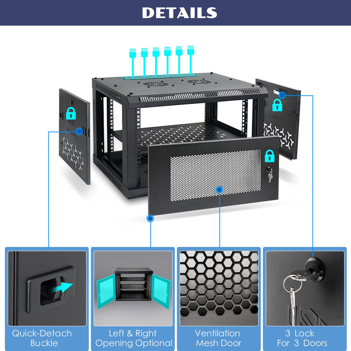 OCEANHUG 9U Wall Mount Server Cabinet with A Lockable Front Vented Door, Cooling Fans, Removable Side Panels - 60cm Depth, 19" Network Rack Including 2 PCS Full-Size Rack Shelves for IT Equipment