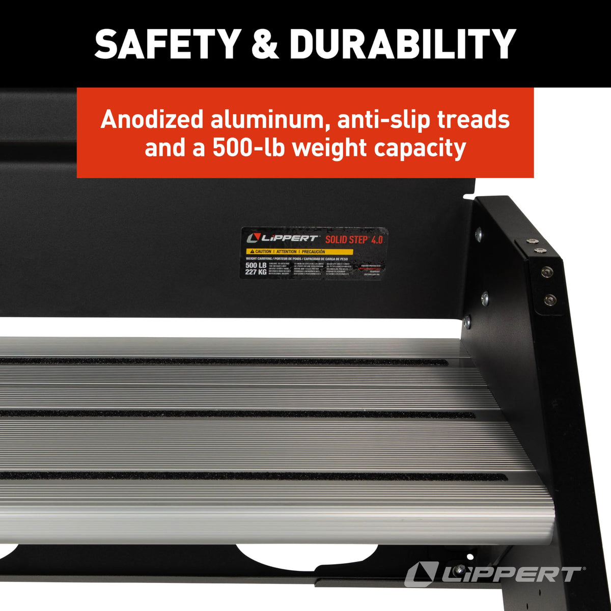 Lippert Solid Step 4.0 Premium Triple RV Camper Entry Steps with Lift Assist Gas Struts, 26" Step Width, XL Top Tread, 8" Rise, 500-lb. Weight Capacity, Adjustable Legs, Recessed Feet - 2024056998