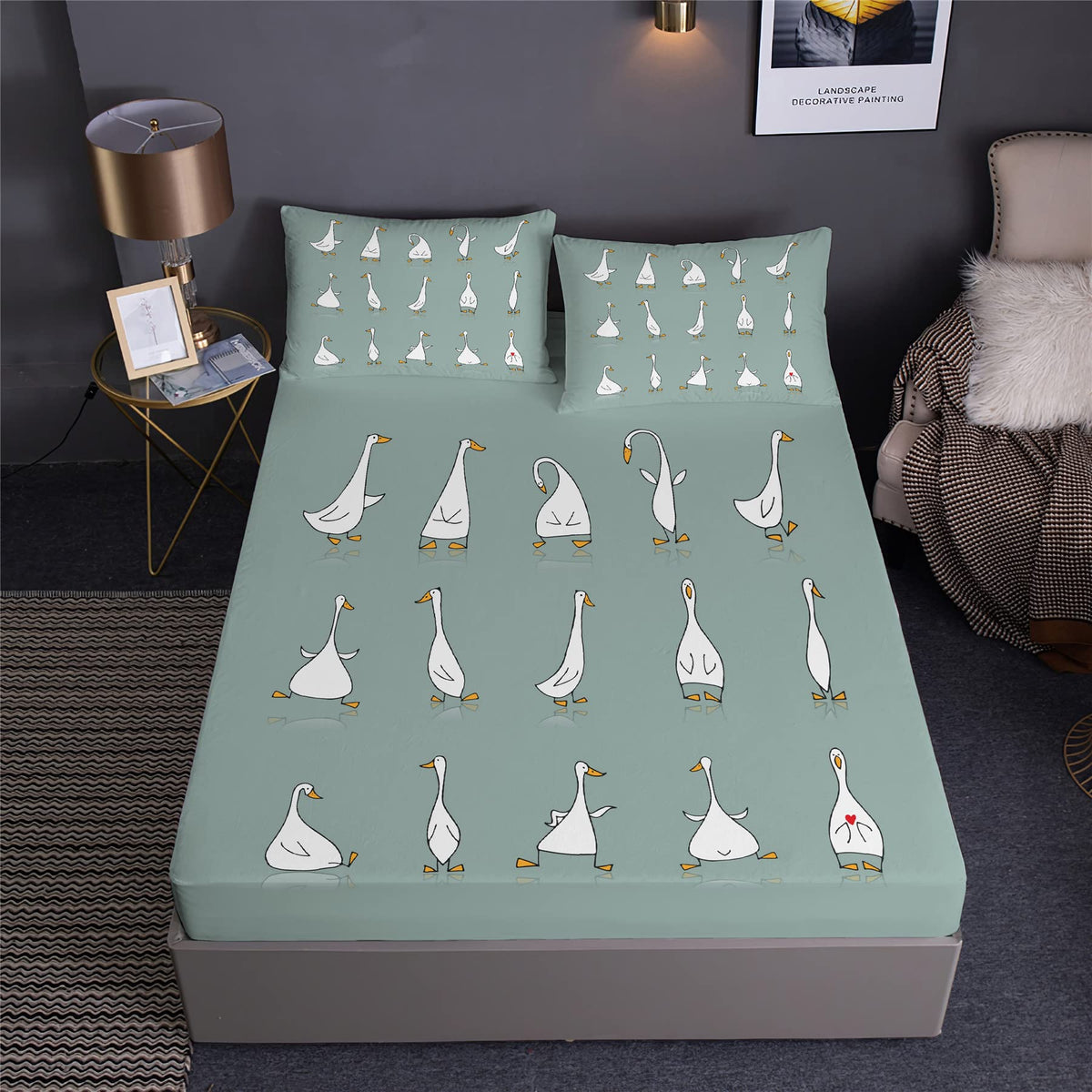 Boasorte Graceful Goose Design Fitted Sheet Set Farm Animal Farmhouse Pastoral Goose Prints Bedding Set | with Fitted Sheet and 2 Pillowshams(3pcs) or Comforter(4pcs) (D,Twin-3PCS)