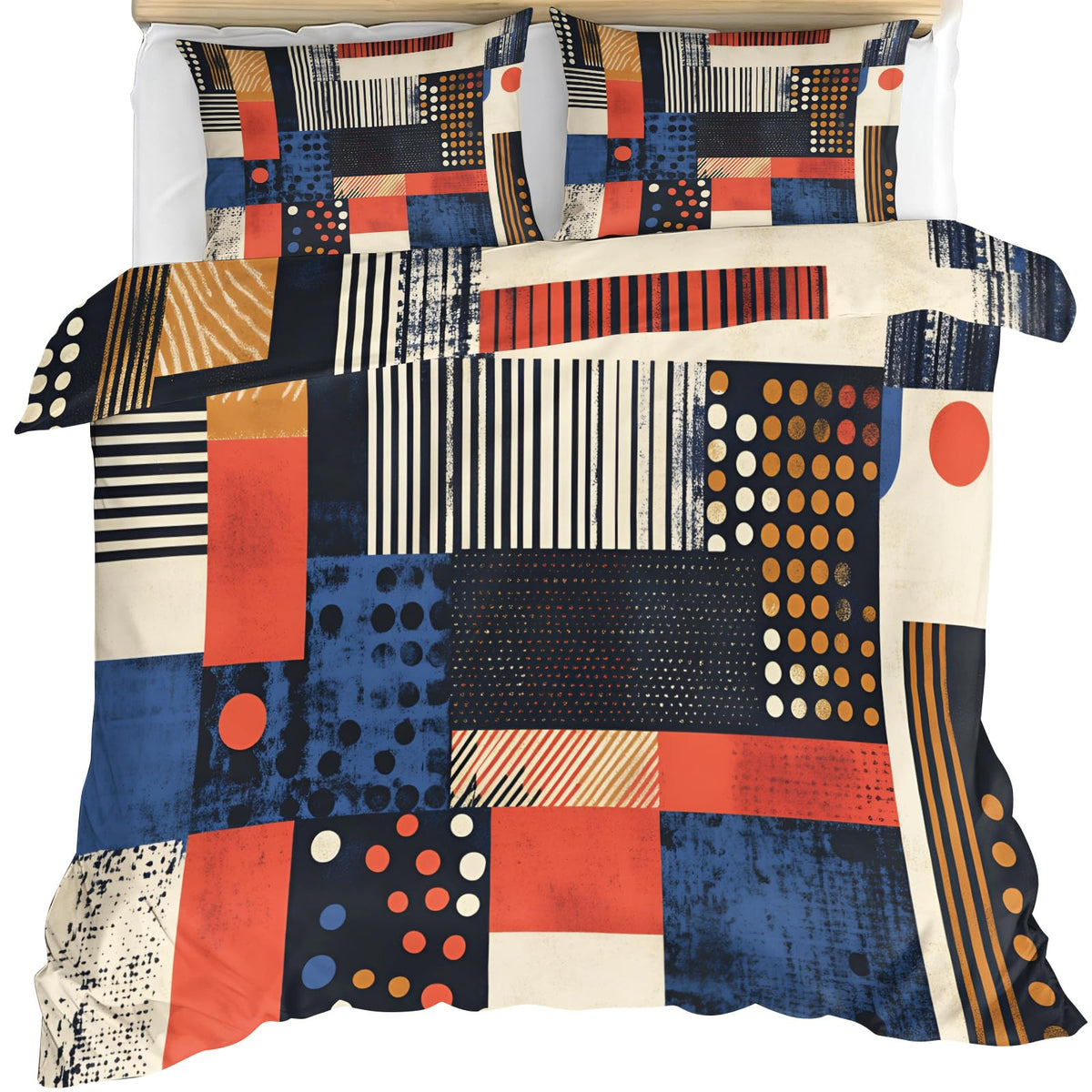 GKPLY Geometric Blocks Comforter Set King, Strip Dot Distressed Duvet Cover Set, Mid Century Bedding Set & Home Decor, Zipper & Ties, Reversible Print - Boho Abstract Quilt & 2 Pillow Cases