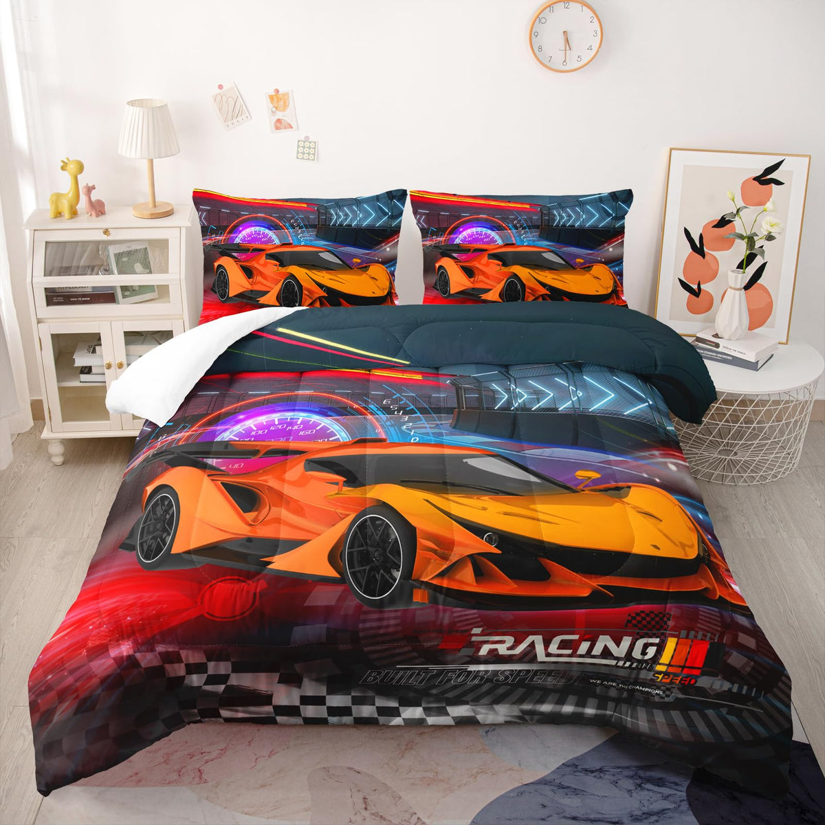 Nttopship Racing Cars Comforter Sets King Size,Bedding Sets 3PCS for Kids,Sports Car Theme Bedding Sets All Season 1 Comforter and 2 Pillowcases