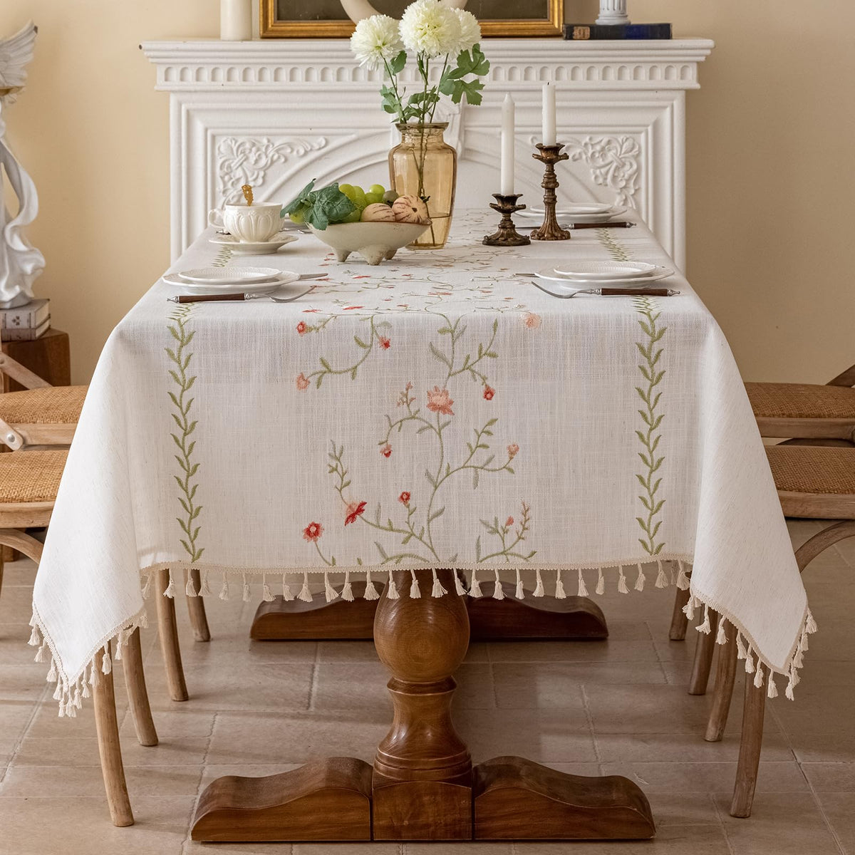 Joyfol Day Linen Spring Flowers Tablecloth with Tassels, Rustic Farmhouse Embroidery Waterproof Table Cloths for Rectangle Tables, Heavy Weight Spill-Proof Table Covers, Pink Florals, 55''x 102''