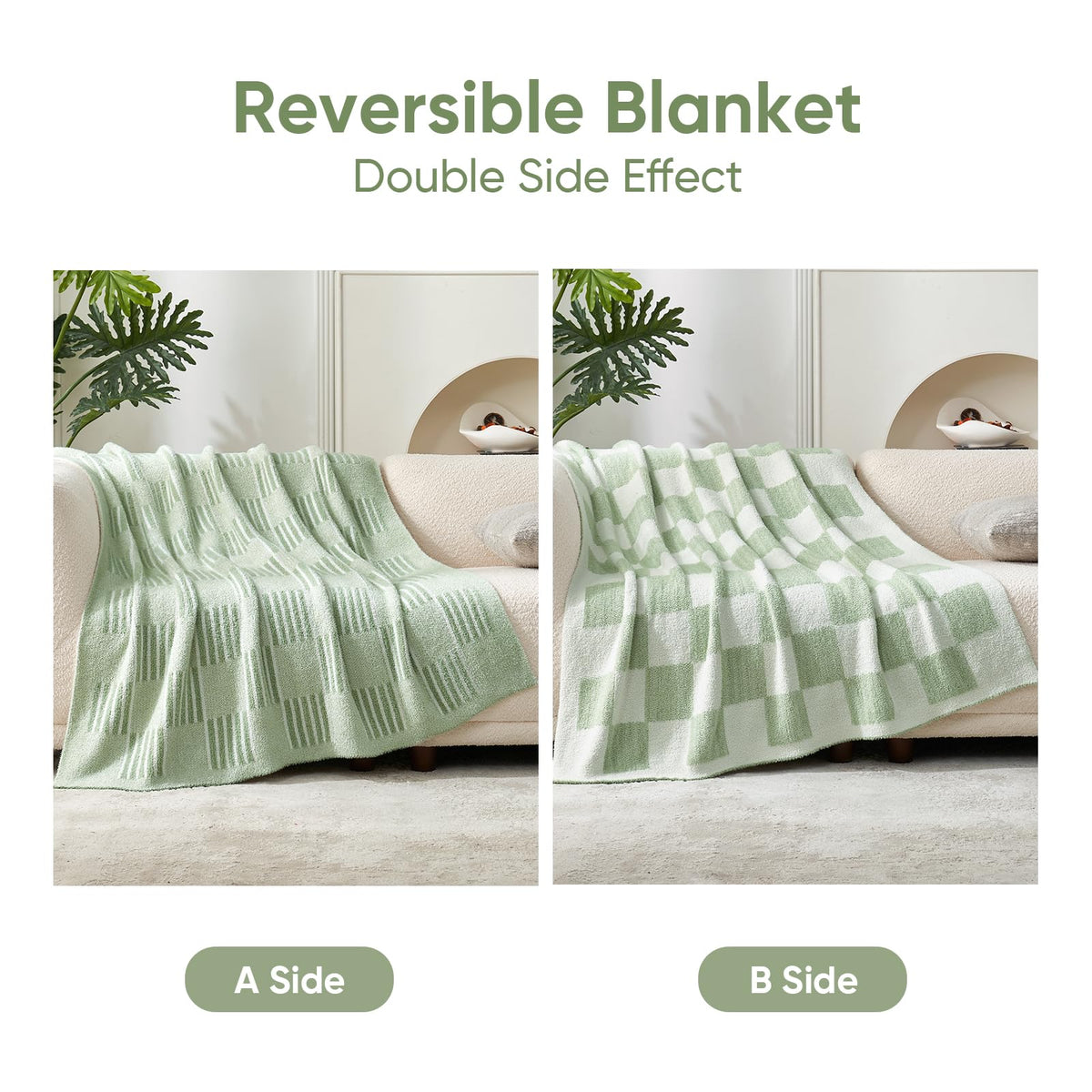 Snuggle Sac Sage Green Checkered Throw Blanket, Super Soft Reversible Cozy Warm Faux Fur Blankets for Couch Bedroom,Cute Lightweight Striped Throws for Women,Heather Sage Green,50x60 inches