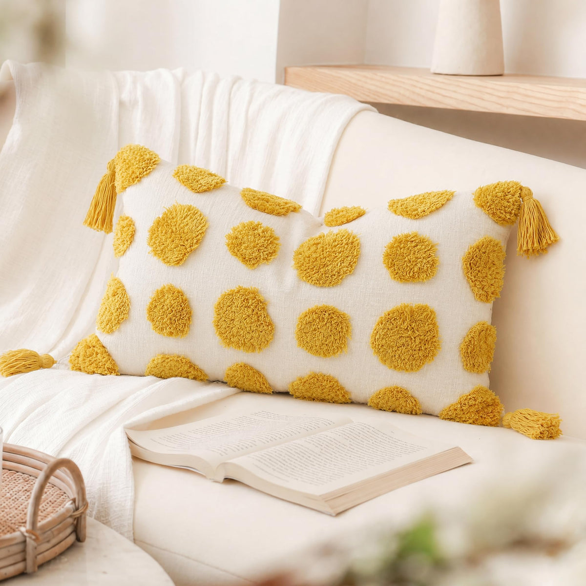 PANOD Super Soft Farmhouse Decorative Plush Throw Pillow Covers 12 x 20 Yellow,Solid Pom pom Tufted with Tassels Modern Accent Boho Lumbar Cushion Cover Pillow Case for Couch Sofa