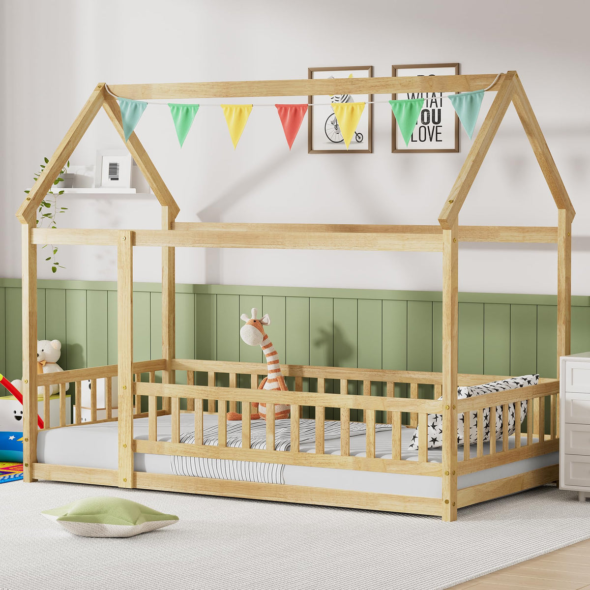 PVWIIK Twin Montessori Floor Bed with High Rails & Roof for Kids Bedroom,High Rails Bed Frame with Fence,No Box Spring Needed, Natural