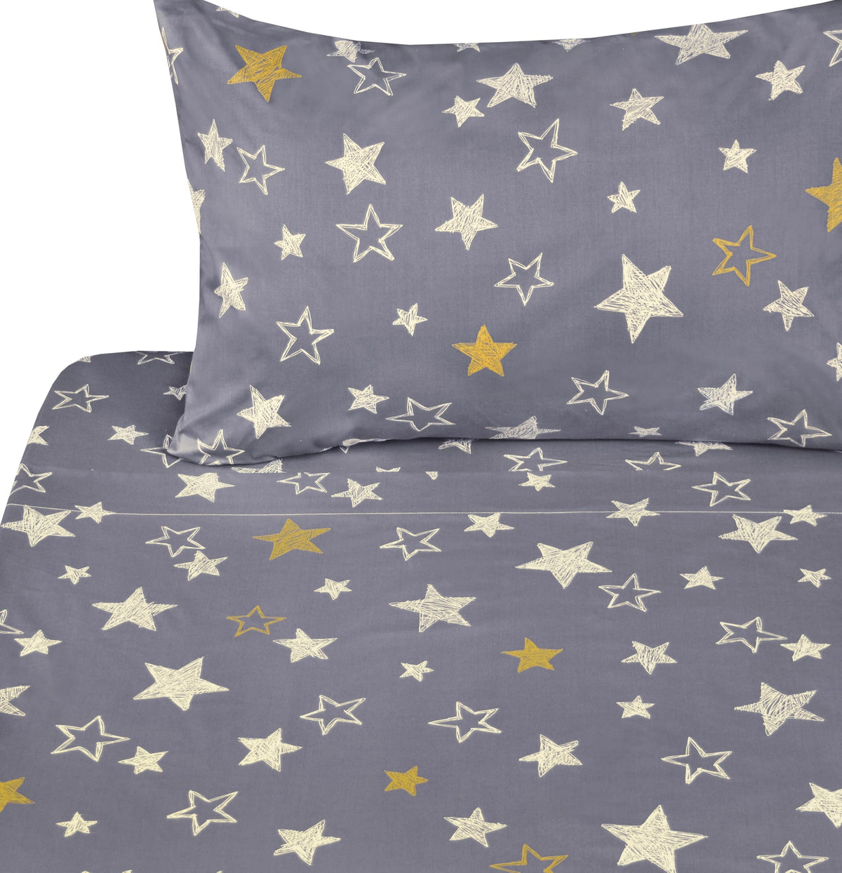 J-pinno Twinkling Stars Yellow Silvery Grey Hand Drawn Cute Cartoon 100% Cotton 3 Pieces Twin Sheet Set for Kids Boys Children Flat Sheet + Fitted Sheet + Pillowcase Bedding Decoration Gift Set