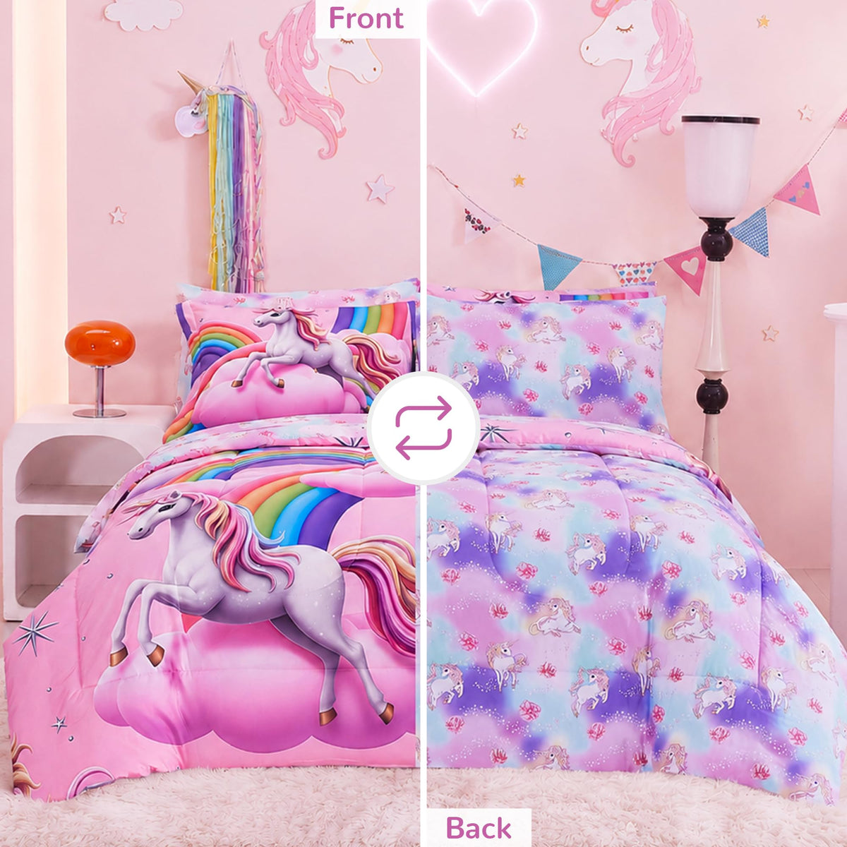 Viviland Kids Twin Bedding Sets for Girls, Soft Twin Comforter Set with Sheets, 5 Pieces Microfiber Bed in a Bag, White Unicorn Pink Cloud Rainbow